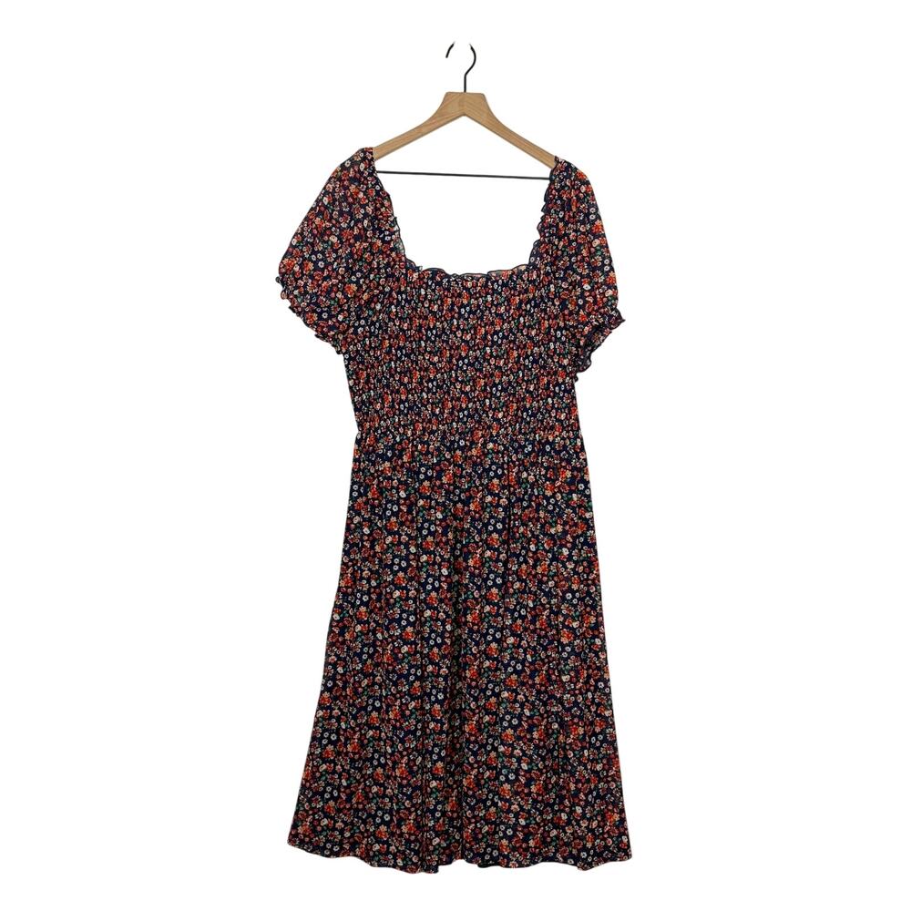 Siren Lily Midi Dress Womens Size 3X Navy Blue Ditsy Floral Square Neck Smocked